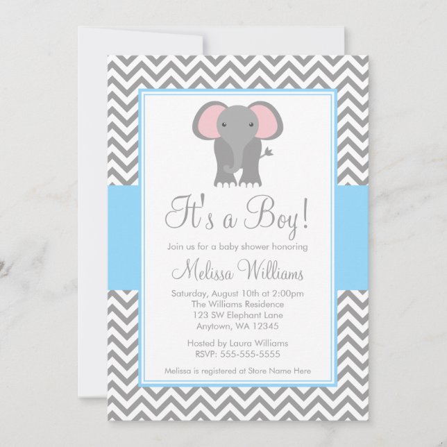 Elephant Chevron Light Blue Grey Baby Shower Invitation (Front)
