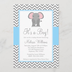 Elephant Chevron Light Blue Grey Baby Shower Invitation