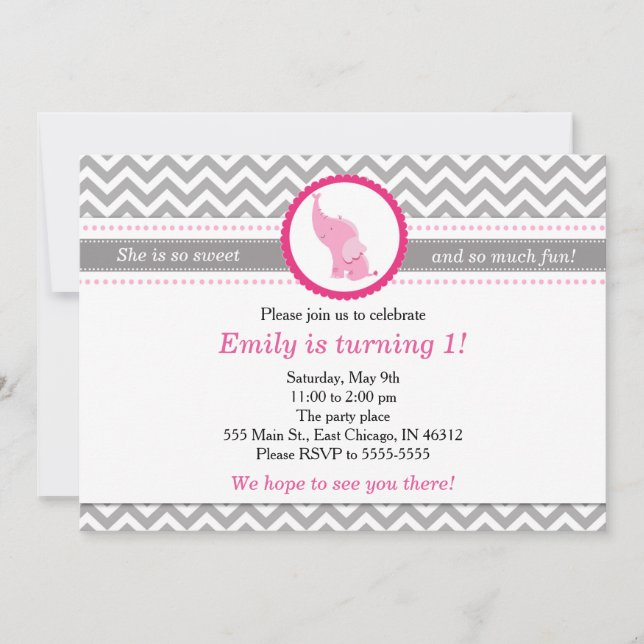 Elephant Chevron Pink Birthday Invitation (Front)