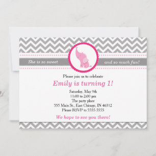 Elephant Chevron Pink Birthday Invitation