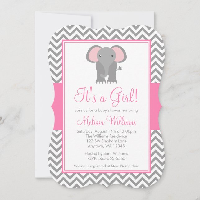 Elephant Chevron Pink Grey Girl Baby Shower Invitation (Front)