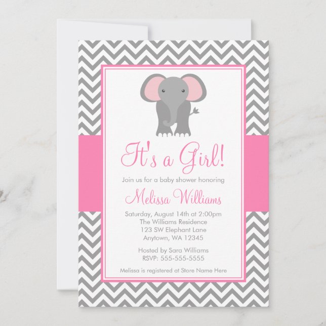 Elephant Chevron Pink Grey Girl Baby Shower Invitation (Front)