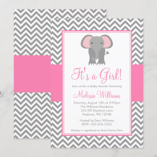 Elephant Chevron Pink Grey Girl Baby Shower Invitation