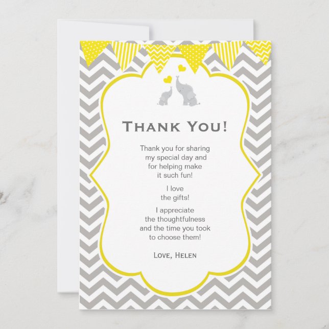 Elephant Chevron Yellow Baby Shower Thank You Card (Front)