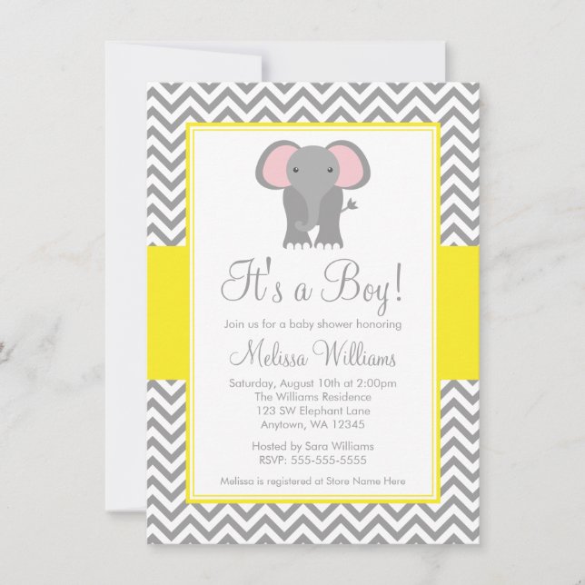 Elephant Chevron Yellow Grey Baby Shower Invitation (Front)