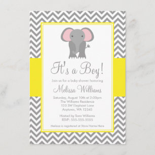 Elephant Chevron Yellow Grey Baby Shower Invitation