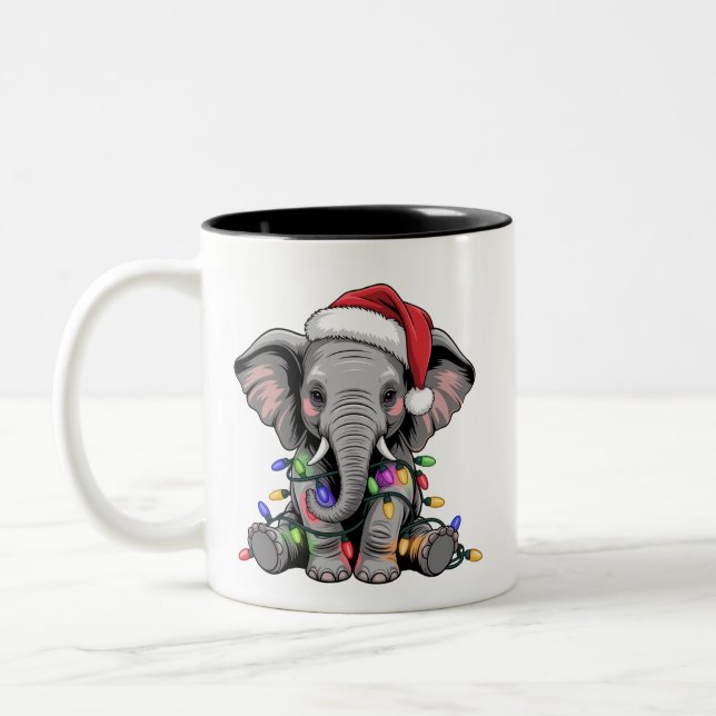 Elephant Christmas Lights Xmas Holiday Wild Animal Two-Tone Coffee Mug (Left)