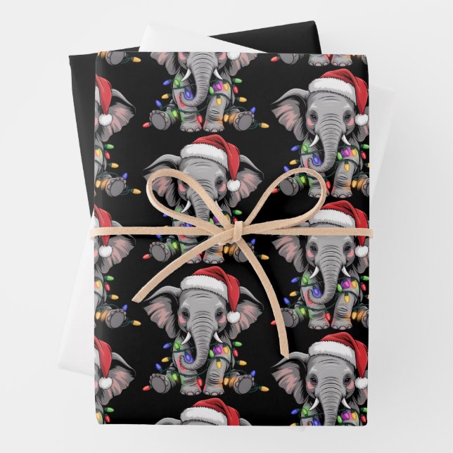 Elephant Christmas Lights Xmas Holiday Wild Animal Wrapping Paper Sheet (In situ)