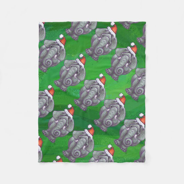 Elephant Christmas On Green Fleece Blanket (Front)