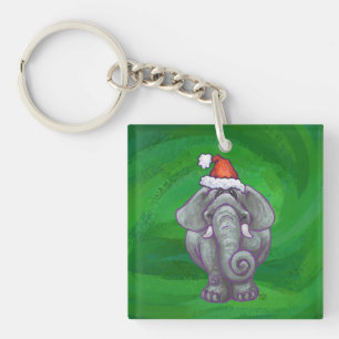 Elephant Christmas On Green Key Ring