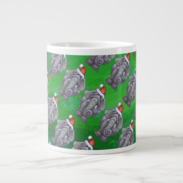 Elephant Christmas On Green Large Coffee Mug (Front)