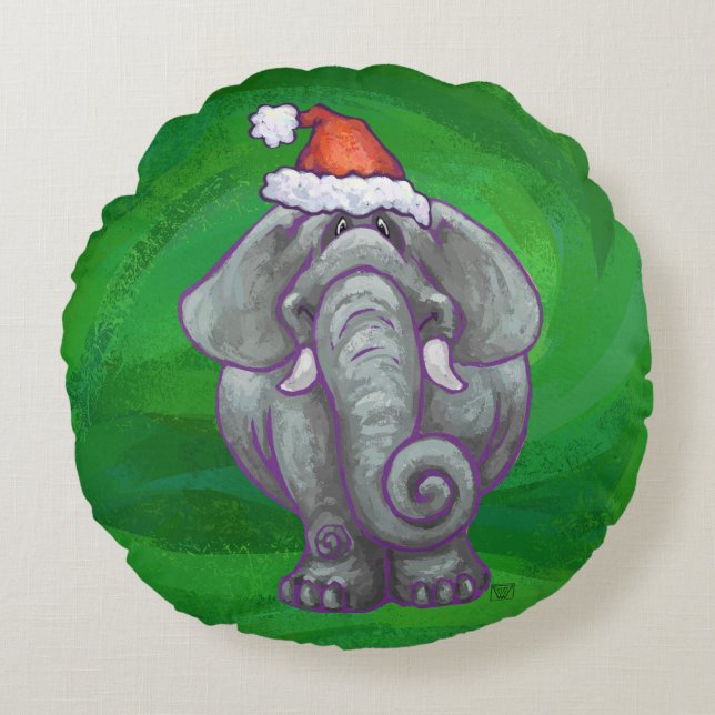 Elephant Christmas On Green Round Cushion (Front)