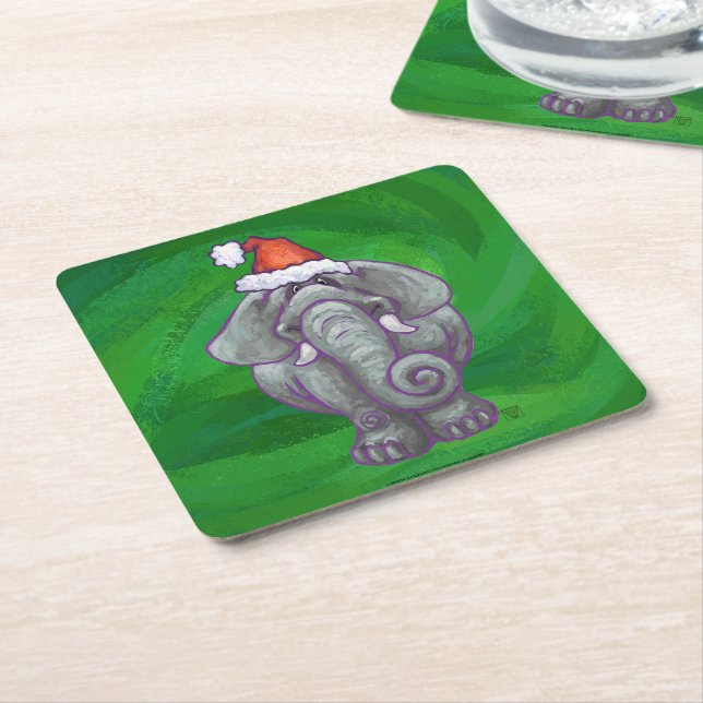 Elephant Christmas On Green Square Paper Coaster (Angled)