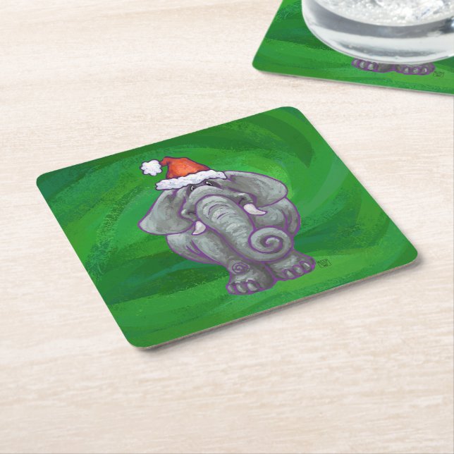 Elephant Christmas On Green Square Paper Coaster (Angled)