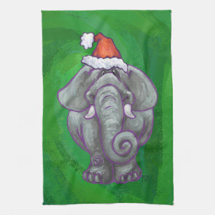 Elephant Christmas On Green Tea Towel