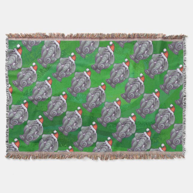 Elephant Christmas On Green Throw Blanket (Front)