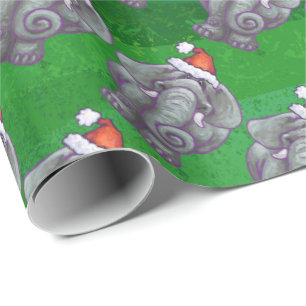 Elephant Christmas On Green Wrapping Paper