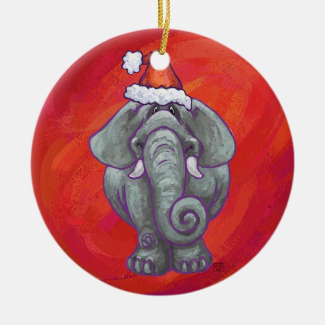 Elephant Christmas On Red Ceramic Tree Decoration (Front)