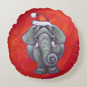 Elephant Christmas On Red Round Cushion