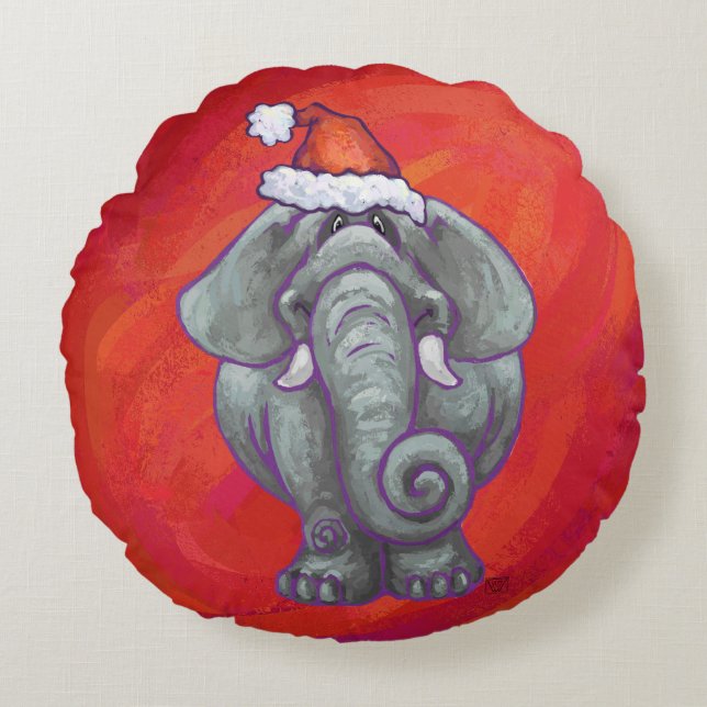 Elephant Christmas On Red Round Cushion (Front)