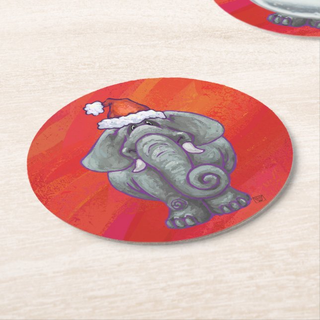 Elephant Christmas On Red Round Paper Coaster (Angled)
