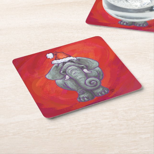 Elephant Christmas On Red Square Paper Coaster (Angled)