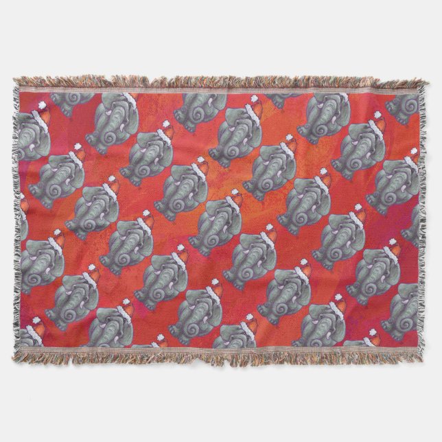 Elephant Christmas On Red Throw Blanket (Front)