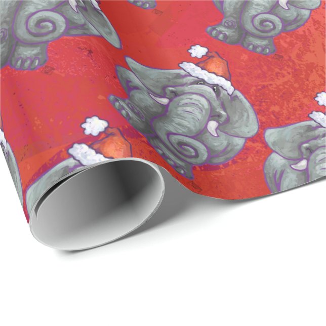 Elephant Christmas On Red Wrapping Paper (Roll Corner)