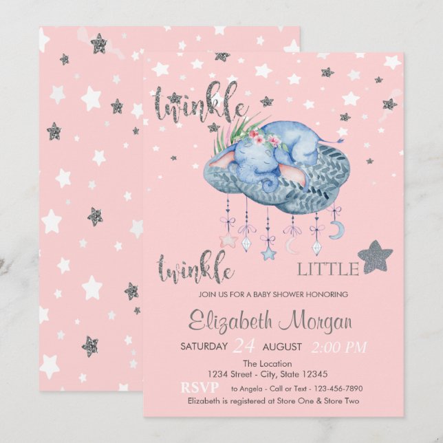 Elephant Cloud Little Star Baby Shower Invitation (Front/Back)
