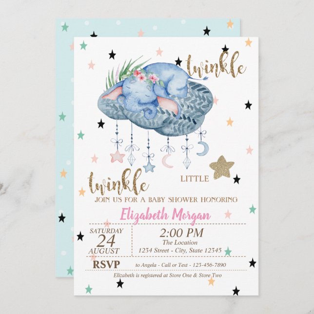 Elephant Cloud,Twinkle Little Star Baby Shower Invitation (Front/Back)