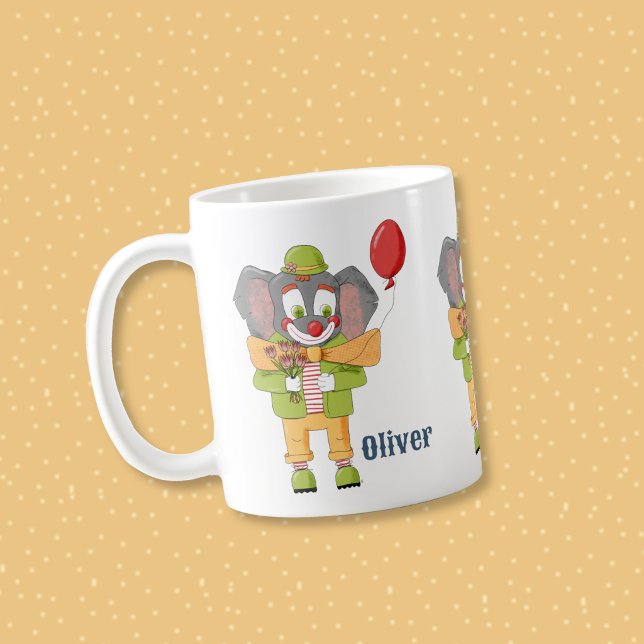 Elephant Clown Kid Personalised Mug (Cute elephant clown kid personalized drinkware .)