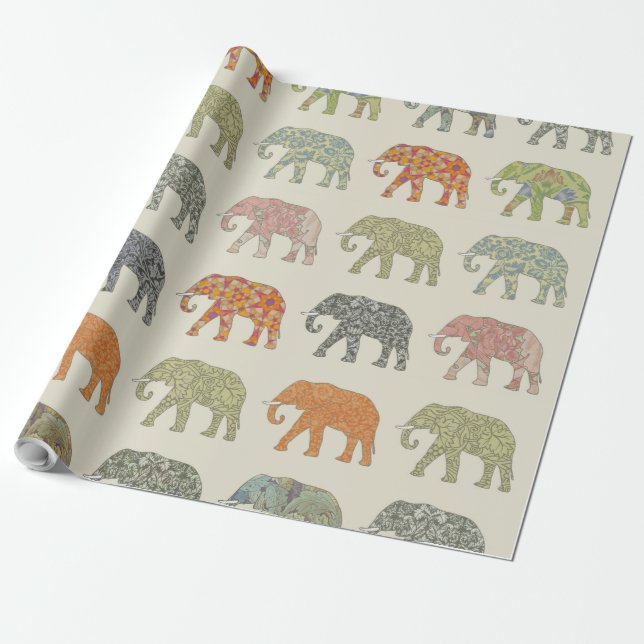 Elephant Colourful Animal Pattern Contemporary Wrapping Paper (Unrolled)
