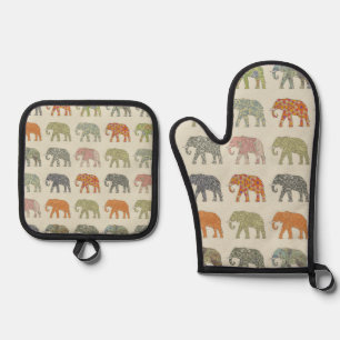 Elephant Colourful Animal Pattern Oven Mitt & Pot Holder Set