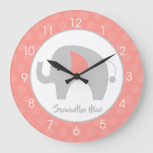 Elephant Coral and Grey Nursery Girls Large Clock