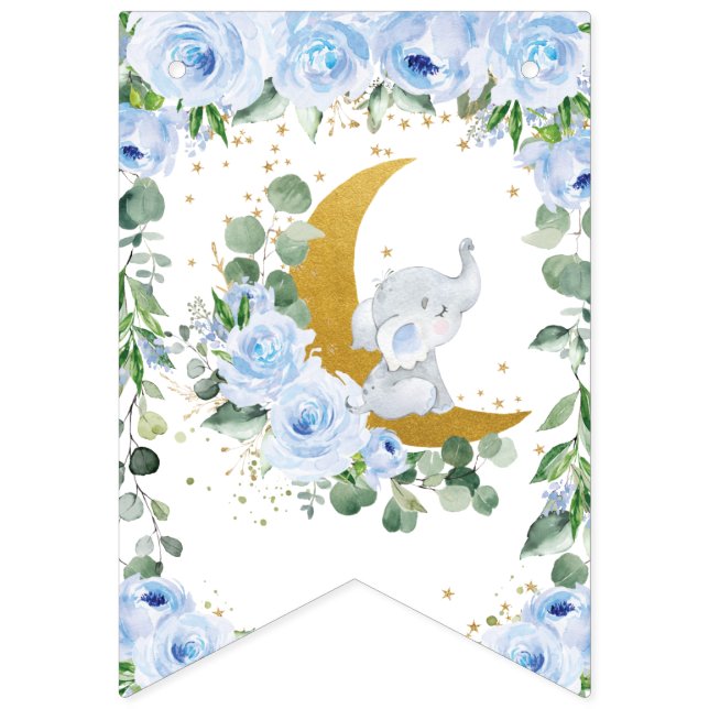 Elephant Crescent Moon Blue Floral Baby Shower Bunting (First Flag)