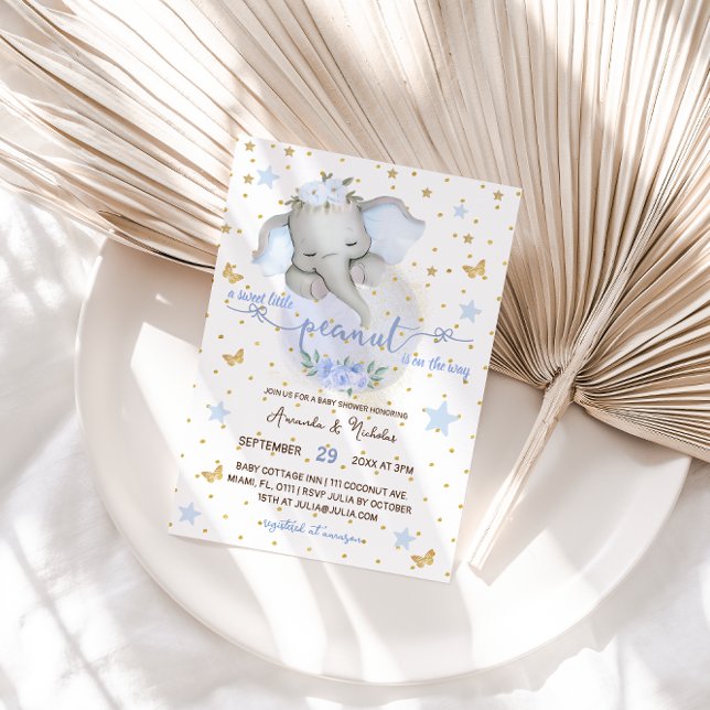 Elephant Cute Botanical Elegant Baby Boy Shower Invitation (Creator Uploaded)