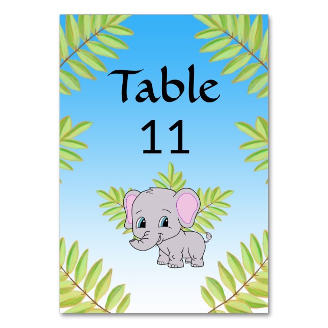 Elephant Cute Boy Blue Ombre Theme Baby Shower Table Number (Front)