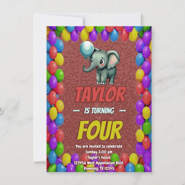 Elephant Cute Personalised Birthday Invite Kids (Front)