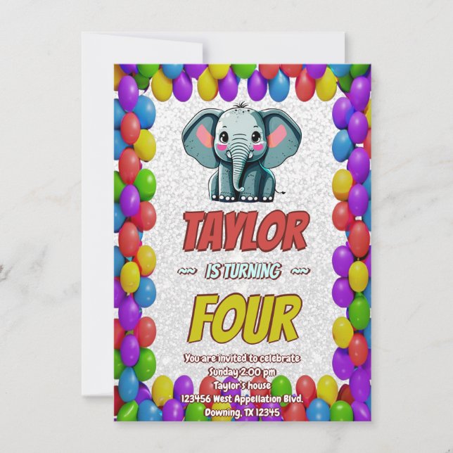 Elephant Cute Personalised Birthday Invite Kids (Front)