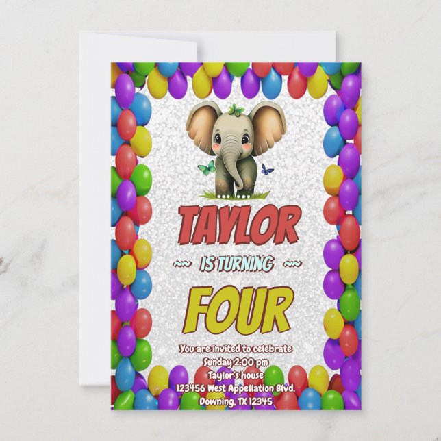 Elephant Cute Personalised Birthday Invite Kids (Front)