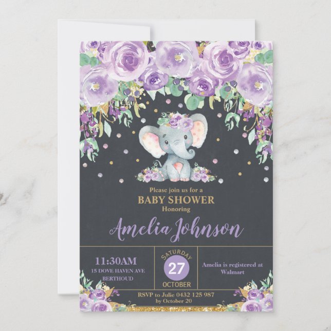 Elephant Cute Purple Floral Baby Shower Baby Girl Invitation (Front)