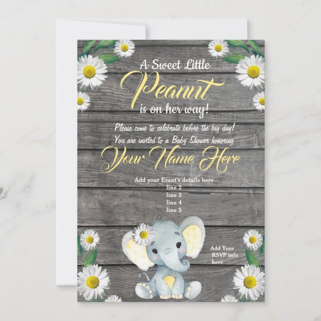 Elephant Daisy Baby Shower Invitation, rustic Invitation (Front)