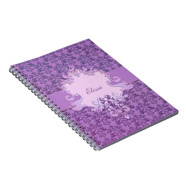 Elephant damask purple personalised notebook (Right Side)