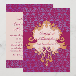 Elephant damask red golden wedding invitation