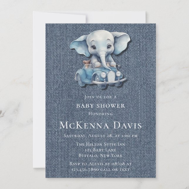 Elephant Denim Vintage Car Boy Baby Shower Invitation (Front)