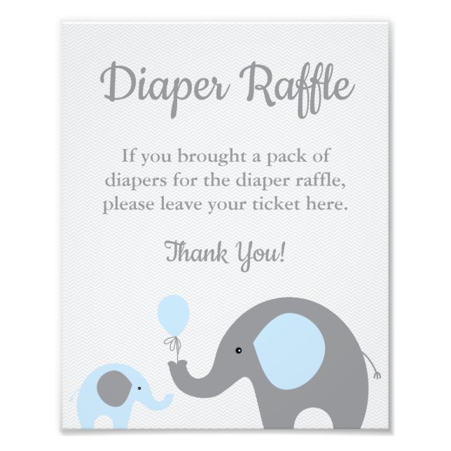 Elephant Diaper Raffle Display Sign in Blue Grey (Front)