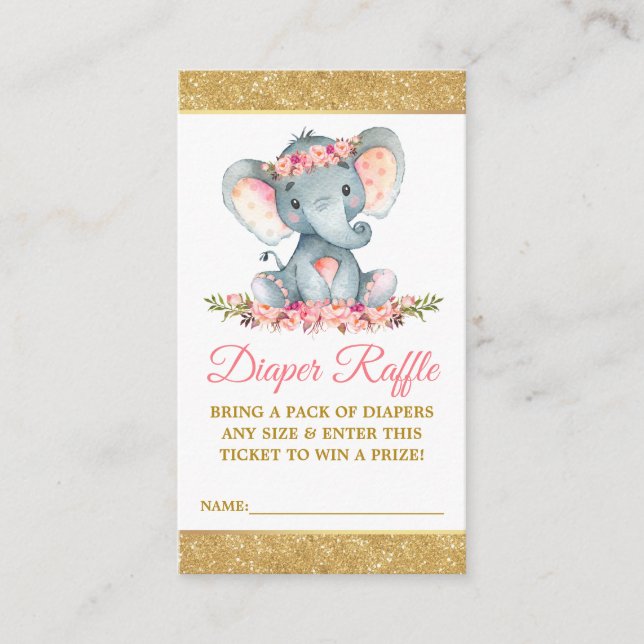 Elephant Diaper Raffle Floral Baby Shower Glitter Enclosure Card (Front)