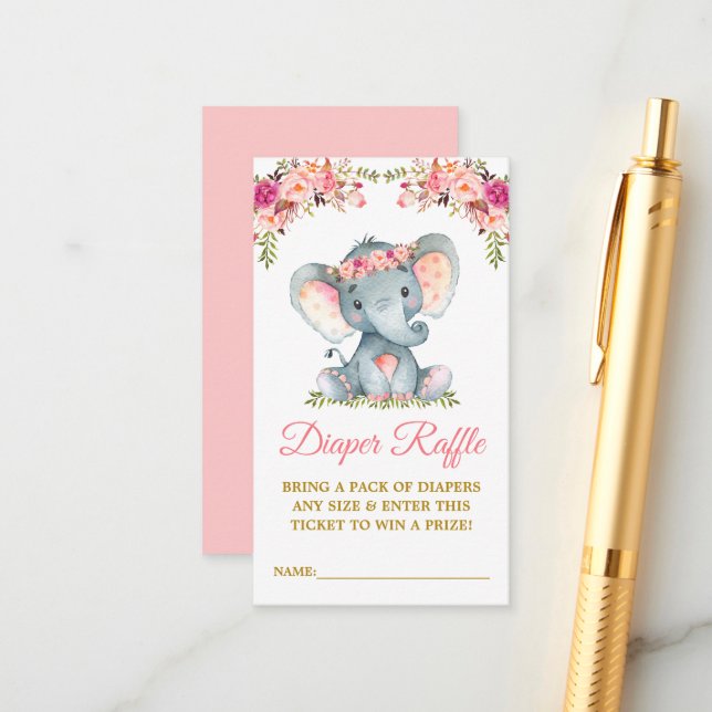 Elephant Diaper Raffle Pink Floral Baby Shower Enclosure Card (Front/Back In Situ)