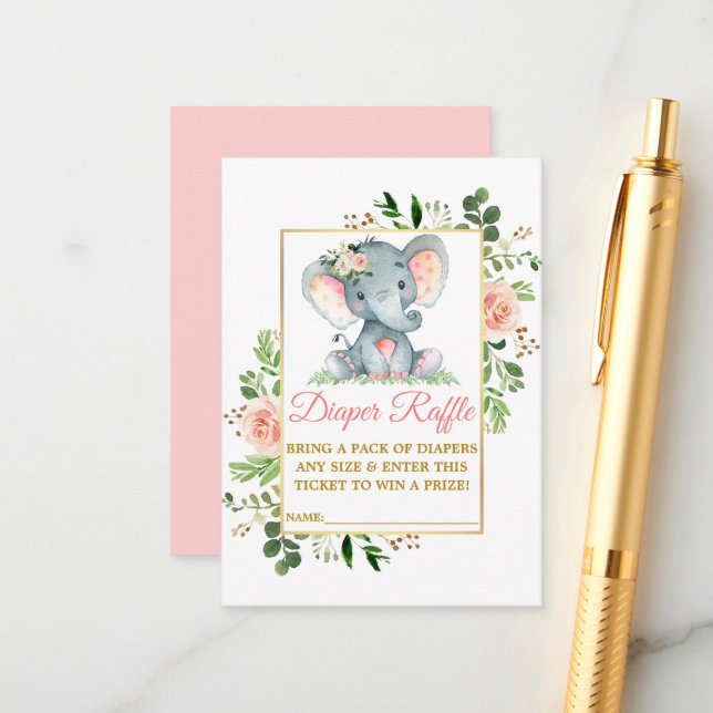 Elephant Diaper Raffle Pink Roses Baby Shower Enclosure Card (Front/Back In Situ)