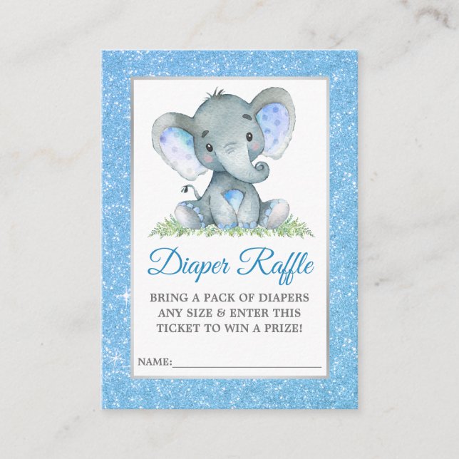 Elephant Diaper Raffle Shower Blue Glitter Enclosure Card (Front)